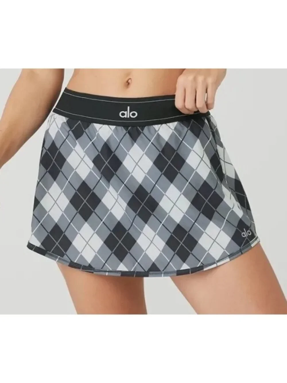 Alo Argyle Match Point Tennis Skirt Black Anthracite Plaid Sports Shorts Skort
